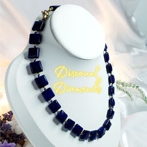 Natural Deep Blue Lapis Lazuli 12mm Flat Square Single Strand Necklace 14K Gold